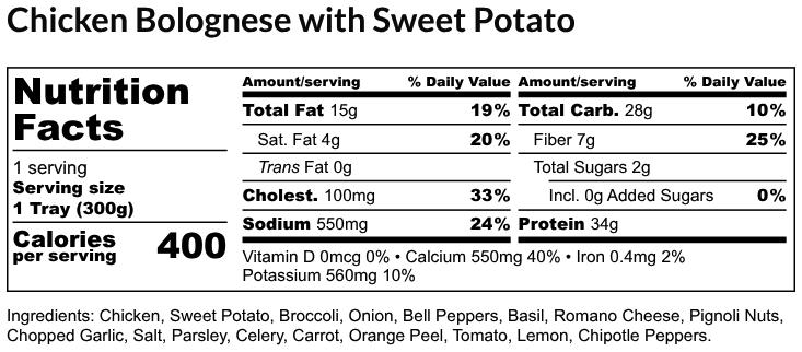 Nutritional Facts - Chicken Bolognese with Sweet Potato 6oz